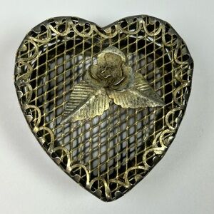 Vintage Silver Plated Metal Filigree Heart Trinket Jewelry Ring Box Rose Leaf